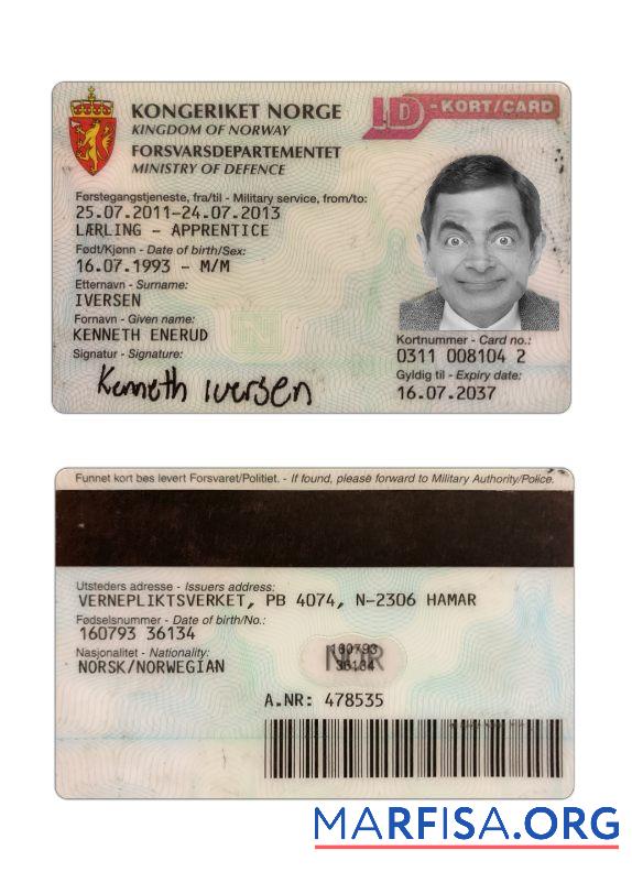 Printable Norway ID Kort Card example